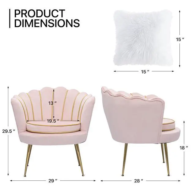 Alt view image 3 of 7 - Upholstered Velvet Chair for Bedroom Makeup Room, Light Pink Shell Chair Mid-Century Modern Leisure Guest Chair for Living Room with Cushion and Metal Legs, Retro Arm Chair, 250 lbs Capacity