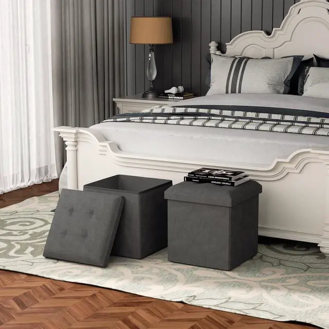 Alt view image 2 of 7 - 15 Inches Storage Ottoman Cube, Folding Square Foot Rest Stool, Small Ottoman Footrest with Storage for Living Room, Bedroom, Entryway, Dark Gray