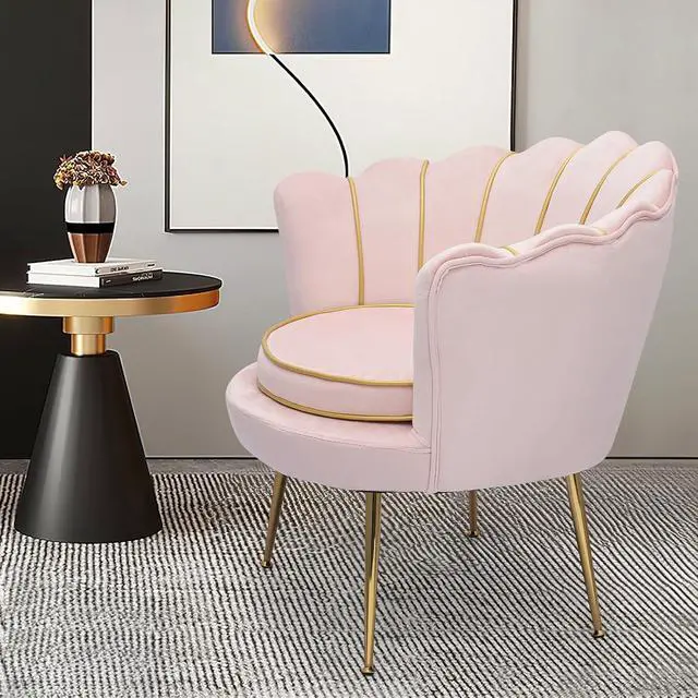 Alt view image 4 of 7 - Upholstered Velvet Chair for Bedroom Makeup Room, Light Pink Shell Chair Mid-Century Modern Leisure Guest Chair for Living Room with Cushion and Metal Legs, Retro Arm Chair, 250 lbs Capacity