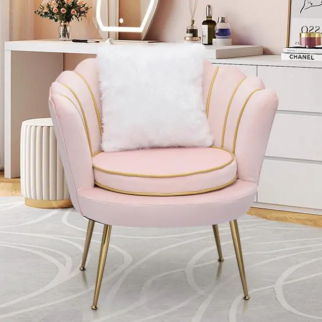Alt view image 2 of 7 - Upholstered Velvet Chair for Bedroom Makeup Room, Light Pink Shell Chair Mid-Century Modern Leisure Guest Chair for Living Room with Cushion and Metal Legs, Retro Arm Chair, 250 lbs Capacity