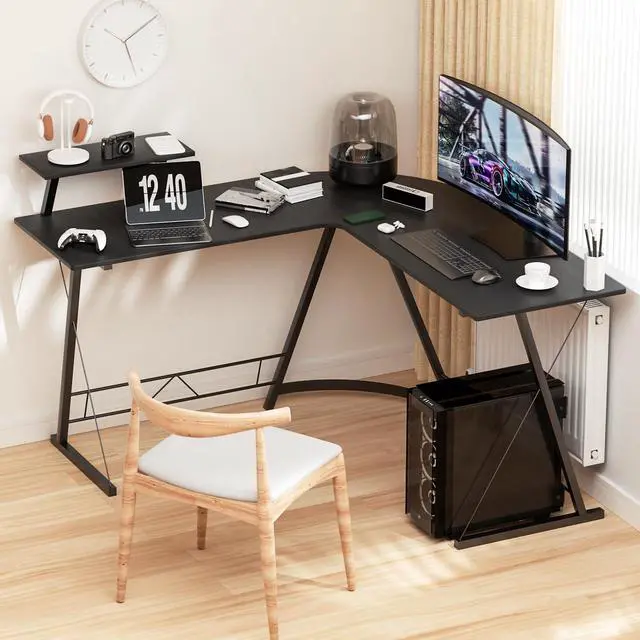 Alt view image 4 of 7 - L Shaped Gaming Desk Computer Corner Table with Metal Frame, L Desk Workstation for Home Office, Space-Saving, Black
