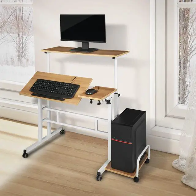 Alt view image 2 of 7 - Mobile Standing Laptop Desk Rolling Laptop Workstation on Wheels Adjustable Height Computer Desk for Home Office Laptop Workstation with Side Storage, White, Natural