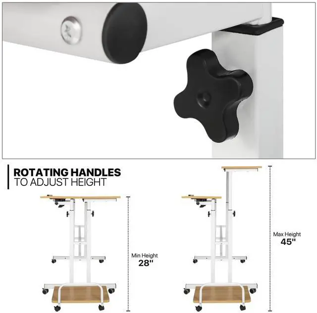 Alt view image 4 of 7 - Mobile Standing Laptop Desk Rolling Laptop Workstation on Wheels Adjustable Height Computer Desk for Home Office Laptop Workstation with Side Storage, White, Natural