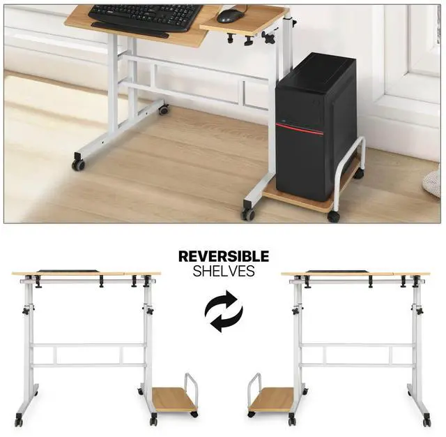Alt view image 6 of 7 - Mobile Standing Laptop Desk Rolling Laptop Workstation on Wheels Adjustable Height Computer Desk for Home Office Laptop Workstation with Side Storage, White, Natural