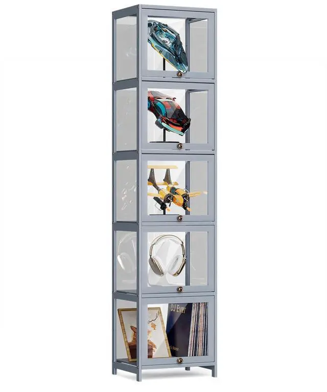 Main image of 68" Tall Slim Narrow Clear Acrylic Door Curio Cabinet Display Case with Corner Shelves, Gray