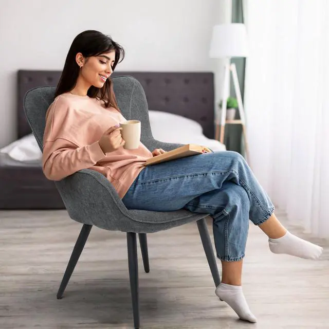 Alt view image 3 of 7 - Accent Chair, Elegant Modern Armchair, Upholstered Vanity Chair with Metal Legs and High Back, Comfy Reading Chair for Living Room Bedroom Office, Lava Gray
