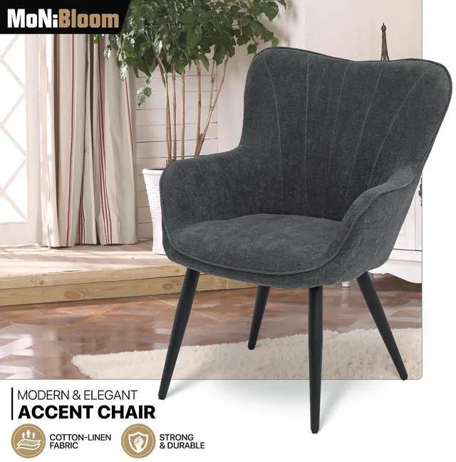 Alt view image 4 of 7 - Accent Chair, Elegant Modern Armchair, Upholstered Vanity Chair with Metal Legs and High Back, Comfy Reading Chair for Living Room Bedroom Office, Lava Gray