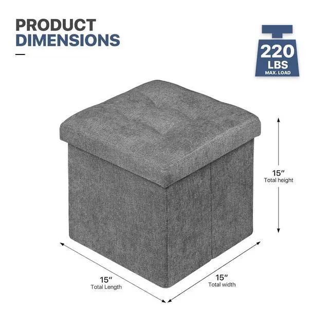 Alt view image 3 of 7 - 15 Inches Storage Ottoman Cube, Folding Square Foot Rest Stool, Small Ottoman Footrest with Storage for Living Room, Bedroom, Entryway, Dark Gray
