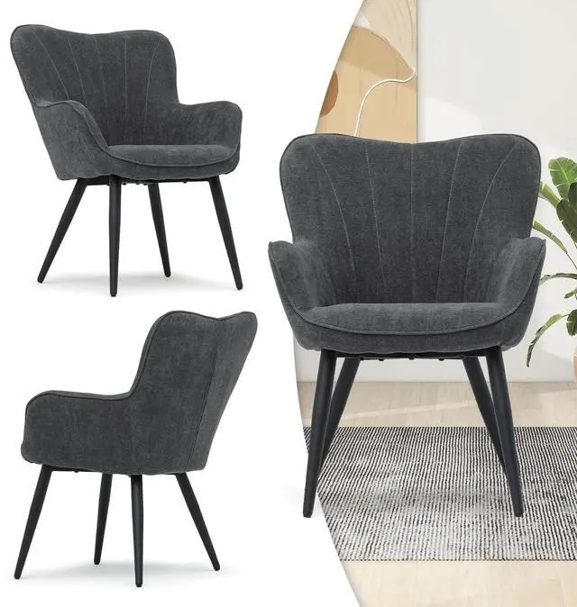 Alt view image 5 of 7 - Accent Chair, Elegant Modern Armchair, Upholstered Vanity Chair with Metal Legs and High Back, Comfy Reading Chair for Living Room Bedroom Office, Lava Gray
