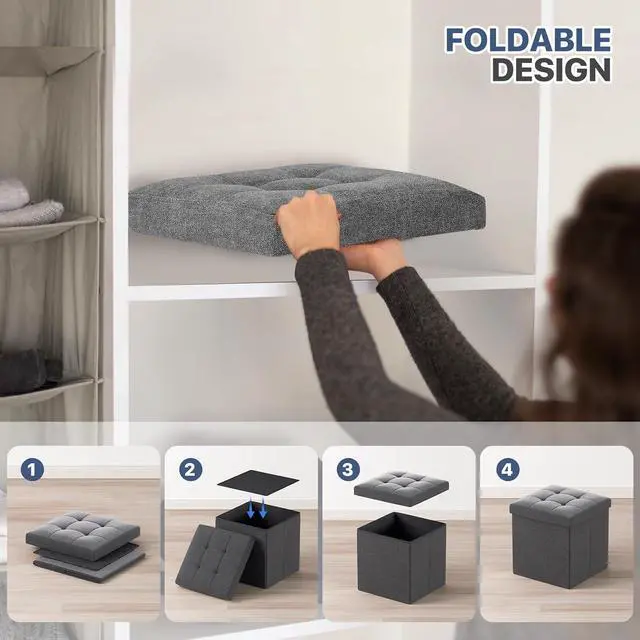 Alt view image 6 of 7 - 15 Inches Storage Ottoman Cube, Folding Square Foot Rest Stool, Small Ottoman Footrest with Storage for Living Room, Bedroom, Entryway, Dark Gray