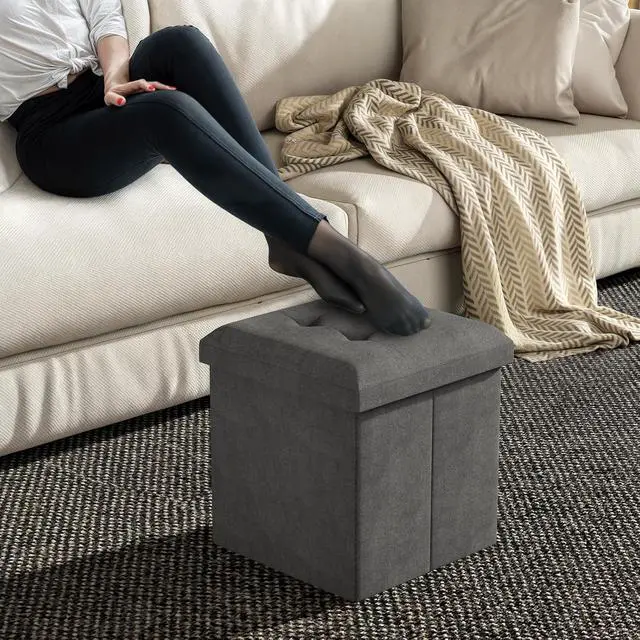 Alt view image 4 of 7 - 15 Inches Storage Ottoman Cube, Folding Square Foot Rest Stool, Small Ottoman Footrest with Storage for Living Room, Bedroom, Entryway, Dark Gray