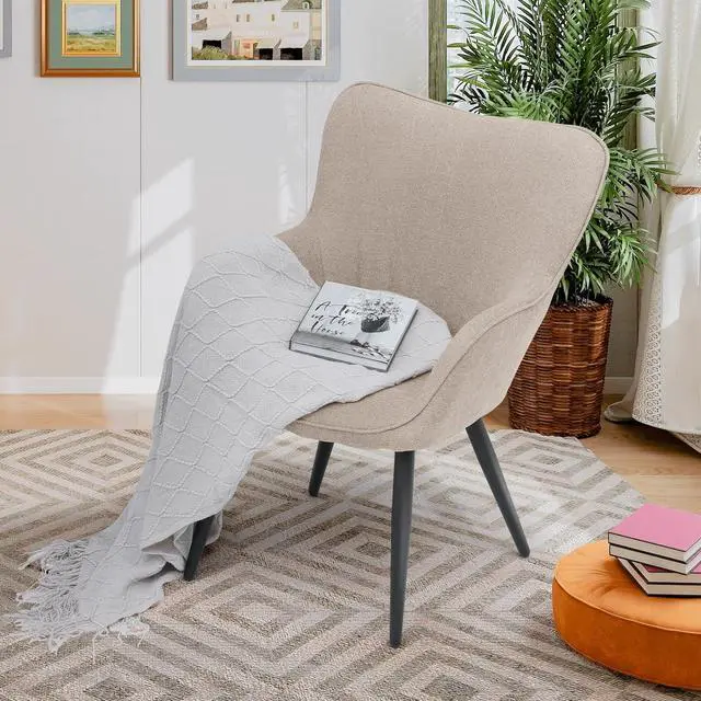 Main image of Accent Chair, Elegant Modern Armchair, Upholstered Vanity Chair with Metal Legs and High Back, Comfy Reading Chair for Living Room Bedroom Office, Beige