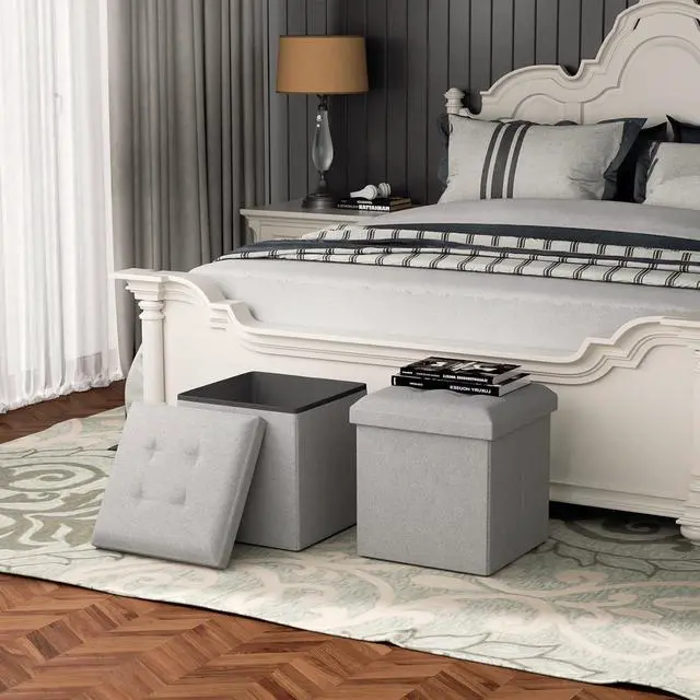 Alt view image 2 of 7 - 15 Inches Storage Ottoman Cube, Folding Square Foot Rest Stool, Small Ottoman Footrest with Storage for Living Room, Bedroom, Entryway, Light Gray