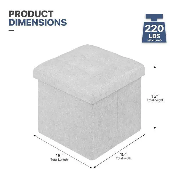Alt view image 3 of 7 - 15 Inches Storage Ottoman Cube, Folding Square Foot Rest Stool, Small Ottoman Footrest with Storage for Living Room, Bedroom, Entryway, Light Gray