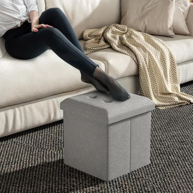 Alt view image 4 of 7 - 15 Inches Storage Ottoman Cube, Folding Square Foot Rest Stool, Small Ottoman Footrest with Storage for Living Room, Bedroom, Entryway, Light Gray