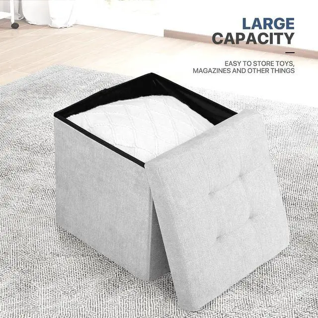 Alt view image 5 of 7 - 15 Inches Storage Ottoman Cube, Folding Square Foot Rest Stool, Small Ottoman Footrest with Storage for Living Room, Bedroom, Entryway, Light Gray