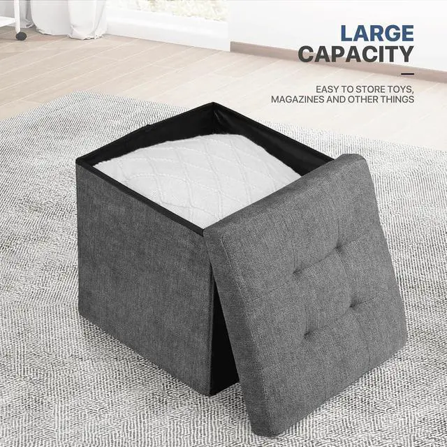 Alt view image 5 of 7 - 15 Inches Storage Ottoman Cube, Folding Square Foot Rest Stool, Small Ottoman Footrest with Storage for Living Room, Bedroom, Entryway, Dark Gray