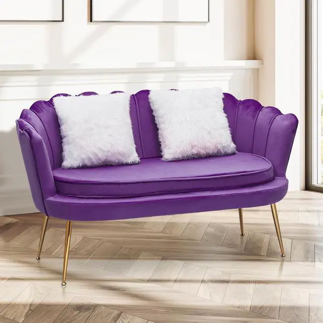 Alt view image 2 of 7 - 52" Purple Velvet Loveseat Sofa with 2 Pillows, Modern 2-Seater Sofa Upholstered Tufted Love Seat Couch with Golden Metal Legs for Living Room Conference Room, 300 Lbs Capacity