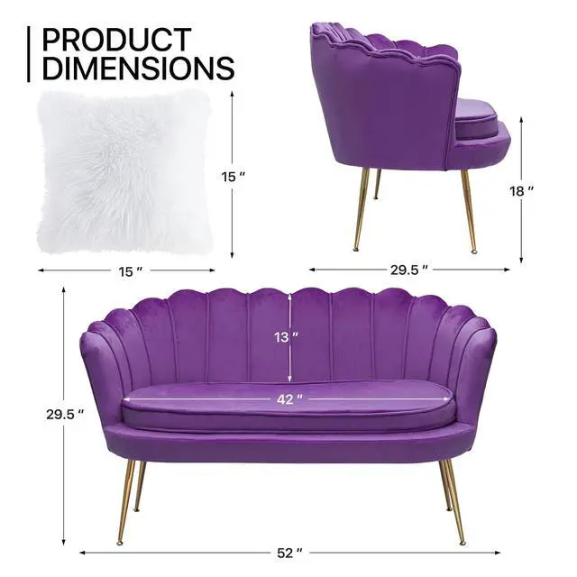 Alt view image 3 of 7 - 52" Purple Velvet Loveseat Sofa with 2 Pillows, Modern 2-Seater Sofa Upholstered Tufted Love Seat Couch with Golden Metal Legs for Living Room Conference Room, 300 Lbs Capacity