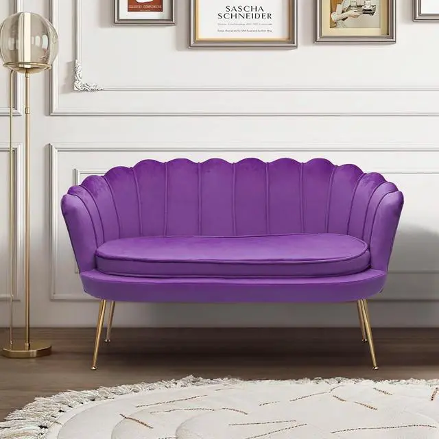Alt view image 4 of 7 - 52" Purple Velvet Loveseat Sofa with 2 Pillows, Modern 2-Seater Sofa Upholstered Tufted Love Seat Couch with Golden Metal Legs for Living Room Conference Room, 300 Lbs Capacity