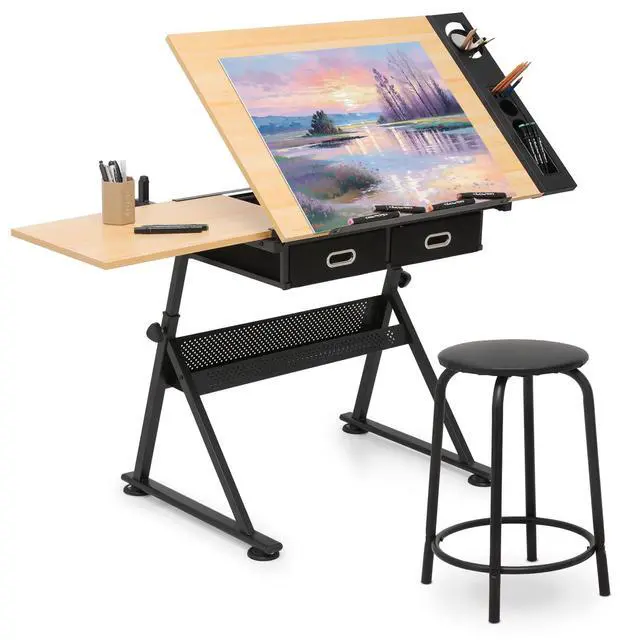 Main image of Adjustable Tabletop Drafting Table Set, Height & Angle Adjustments (28"-36", 0°-65°), Durable Alloy Steel Frame, Drawing Table with 2 Drawers and Stool for Artists & Designers