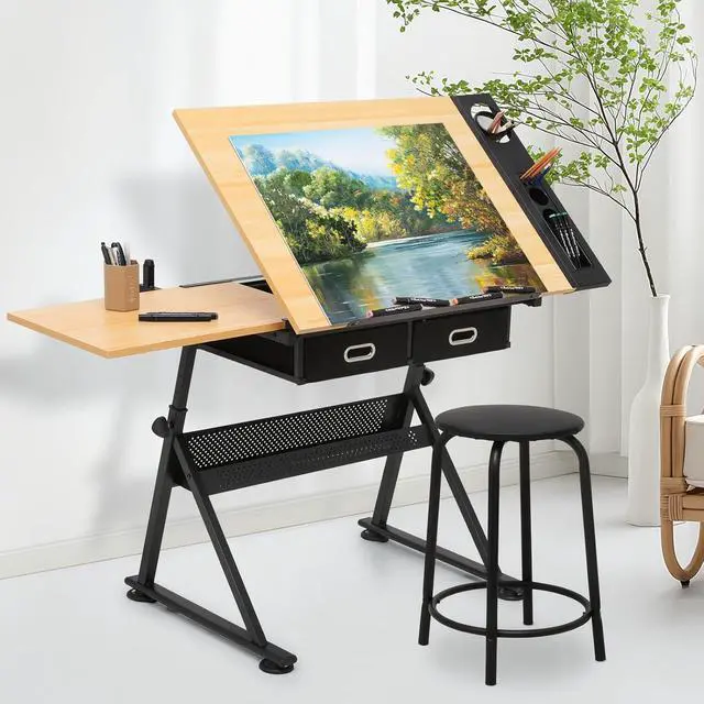 Alt view image 2 of 7 - Adjustable Tabletop Drafting Table Set, Height & Angle Adjustments (28"-36", 0°-65°), Durable Alloy Steel Frame, Drawing Table with 2 Drawers and Stool for Artists & Designers