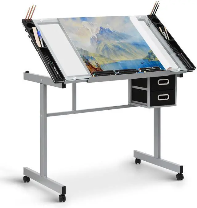 Main image of Adjustable Tabletop Drafting Table, 0°-65° Angle Adjustments, Tempered Glass Top, Ideal for Artists & Designers, Alloy Steel Frame, 2 Drawers, Locking Wheels