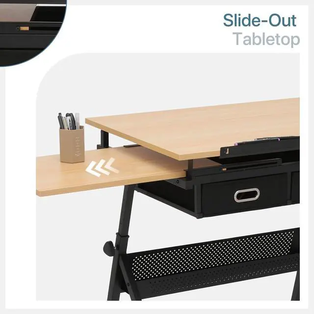Alt view image 6 of 7 - Adjustable Tabletop Drafting Table Set, Height & Angle Adjustments (28"-36", 0°-65°), Durable Alloy Steel Frame, Drawing Table with 2 Drawers and Stool for Artists & Designers