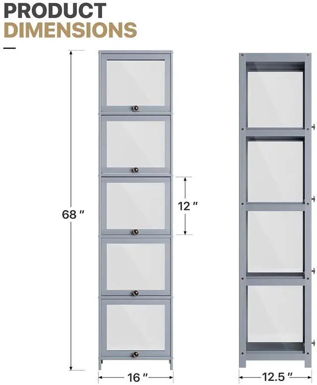 Alt view image 3 of 7 - 68" Tall Slim Narrow Clear Acrylic Door Curio Cabinet Display Case with Corner Shelves, Gray