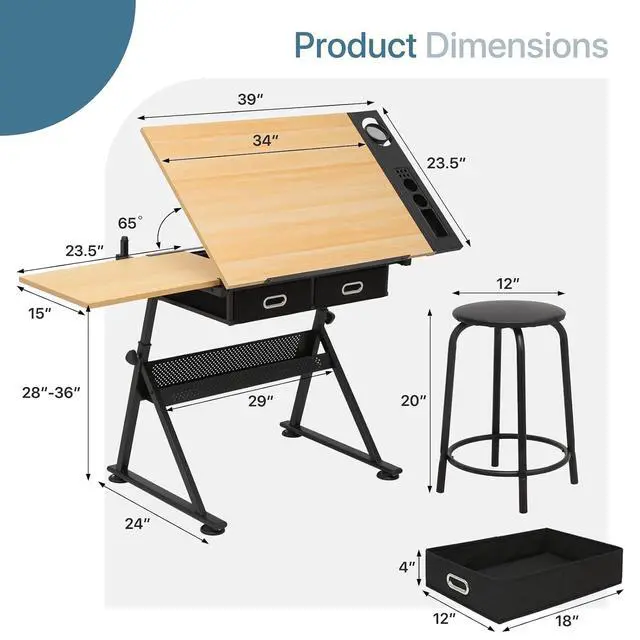 Alt view image 3 of 7 - Adjustable Tabletop Drafting Table Set, Height & Angle Adjustments (28"-36", 0°-65°), Durable Alloy Steel Frame, Drawing Table with 2 Drawers and Stool for Artists & Designers