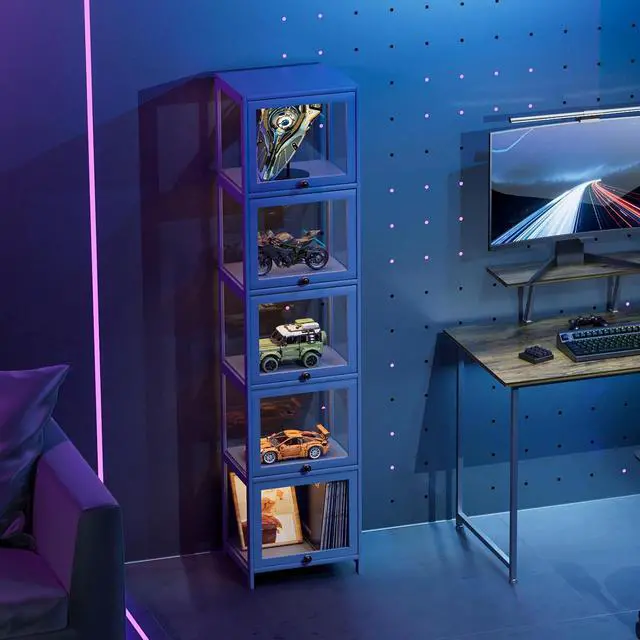 Alt view image 4 of 7 - 68" Tall Slim Narrow Clear Acrylic Door Curio Cabinet Display Case with Corner Shelves, Gray