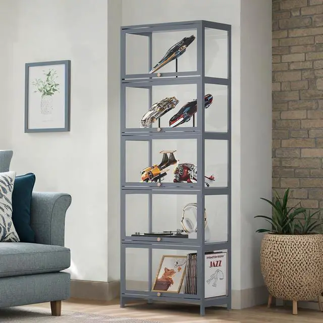 Alt view image 2 of 6 - Curio Display Cabinet, 5 Tier Storage Shelves with Acrylic Glass Door, Free Standing Transparent Bamboo Display Case for Collection