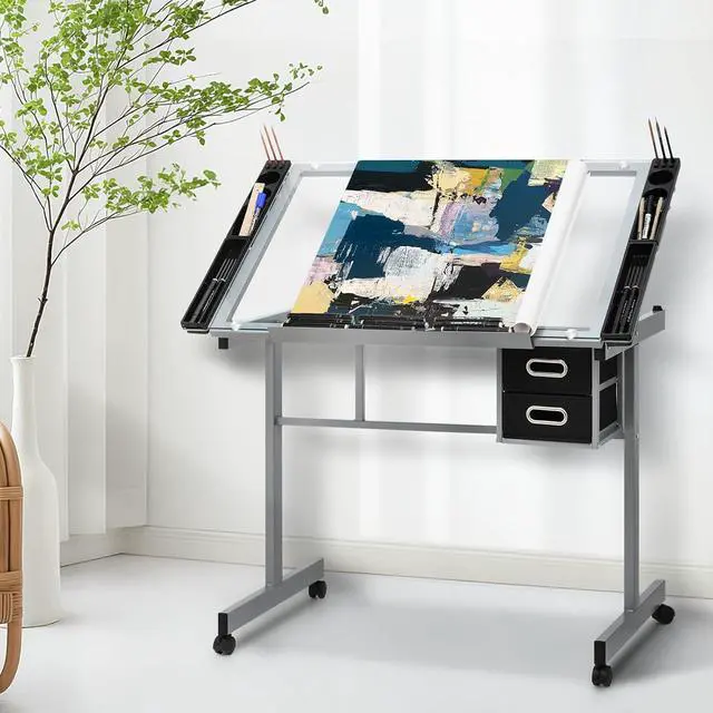 Alt view image 2 of 7 - Adjustable Tabletop Drafting Table, 0°-65° Angle Adjustments, Tempered Glass Top, Ideal for Artists & Designers, Alloy Steel Frame, 2 Drawers, Locking Wheels