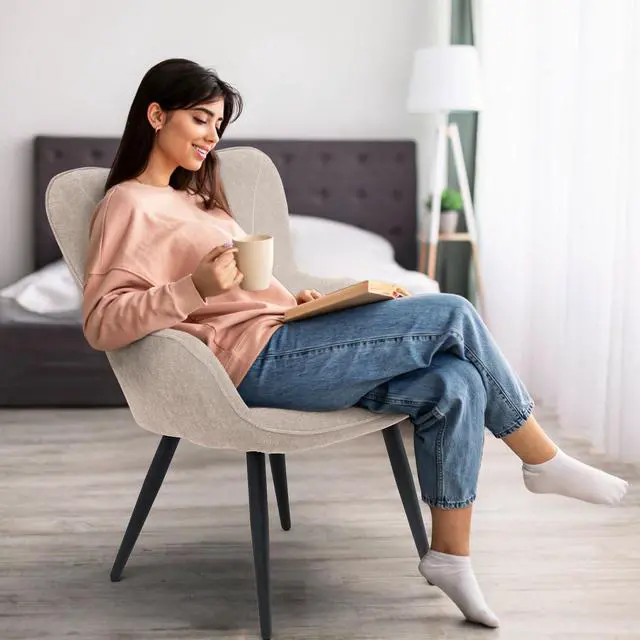Alt view image 3 of 7 - Accent Chair, Elegant Modern Armchair, Upholstered Vanity Chair with Metal Legs and High Back, Comfy Reading Chair for Living Room Bedroom Office, Beige