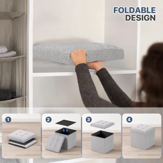 Alt view image 6 of 7 - 15 Inches Storage Ottoman Cube, Folding Square Foot Rest Stool, Small Ottoman Footrest with Storage for Living Room, Bedroom, Entryway, Light Gray