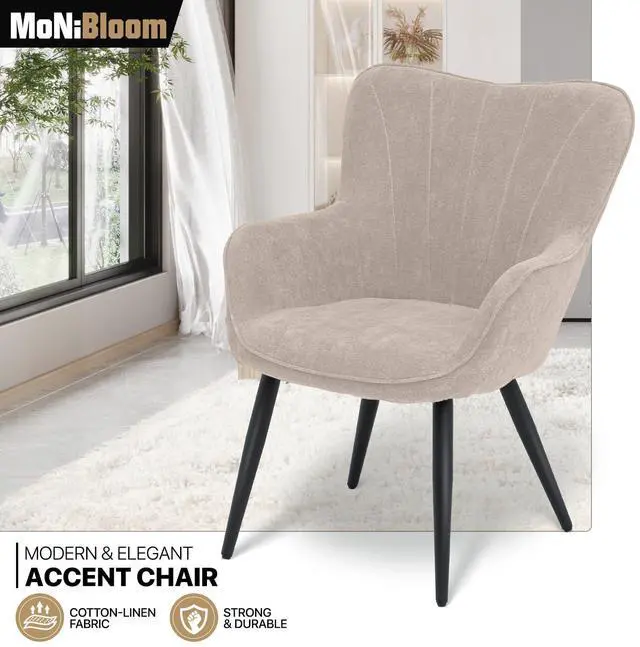 Alt view image 4 of 7 - Accent Chair, Elegant Modern Armchair, Upholstered Vanity Chair with Metal Legs and High Back, Comfy Reading Chair for Living Room Bedroom Office, Beige