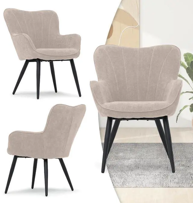 Alt view image 5 of 7 - Accent Chair, Elegant Modern Armchair, Upholstered Vanity Chair with Metal Legs and High Back, Comfy Reading Chair for Living Room Bedroom Office, Beige