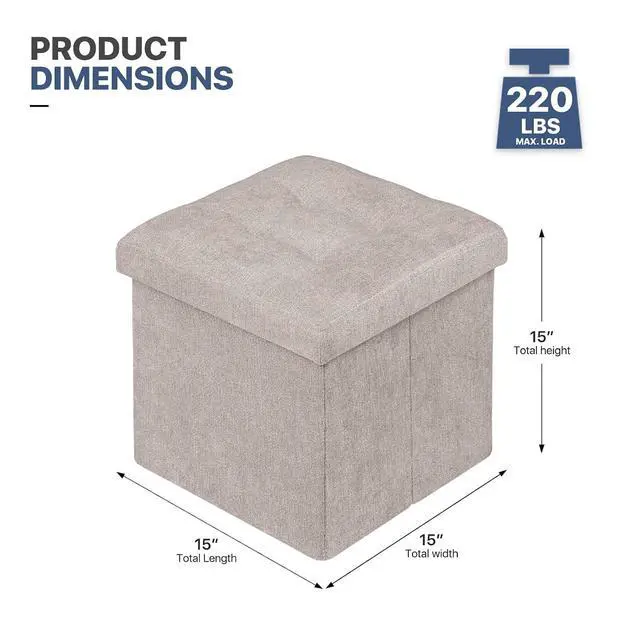 Alt view image 2 of 6 - 15 Inches Storage Ottoman Cube, Folding Square Foot Rest Stool, Small Ottoman Footrest with Storage for Living Room, Bedroom, Entryway, Sandy Beige