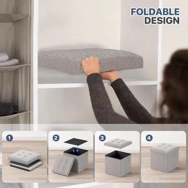 Alt view image 5 of 6 - 15 Inches Storage Ottoman Cube, Folding Square Foot Rest Stool, Small Ottoman Footrest with Storage for Living Room, Bedroom, Entryway, Sandy Beige
