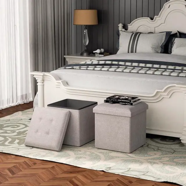 Main image of 15 Inches Storage Ottoman Cube, Folding Square Foot Rest Stool, Small Ottoman Footrest with Storage for Living Room, Bedroom, Entryway, Sandy Beige