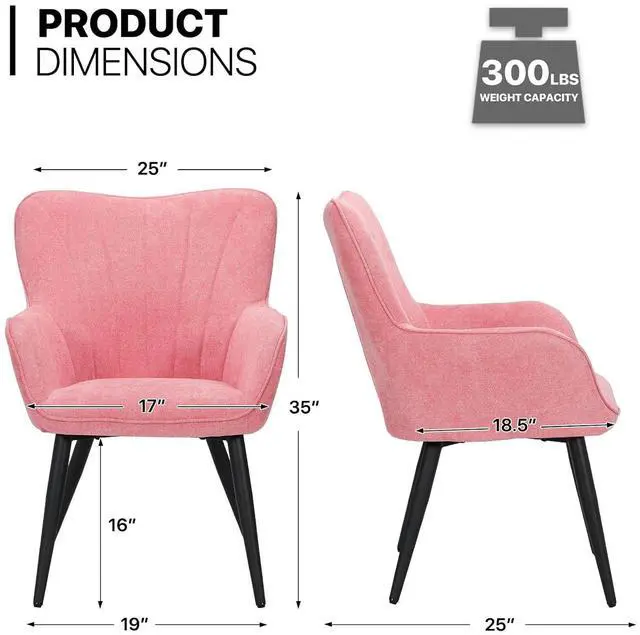 Alt view image 2 of 7 - Accent Chair, Elegant Modern Armchair, Upholstered Vanity Chair with Metal Legs and High Back, Comfy Reading Chair for Living Room Bedroom Office, Soft Pink