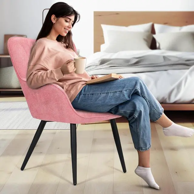 Alt view image 3 of 7 - Accent Chair, Elegant Modern Armchair, Upholstered Vanity Chair with Metal Legs and High Back, Comfy Reading Chair for Living Room Bedroom Office, Soft Pink
