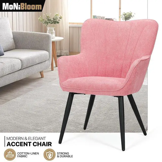 Alt view image 4 of 7 - Accent Chair, Elegant Modern Armchair, Upholstered Vanity Chair with Metal Legs and High Back, Comfy Reading Chair for Living Room Bedroom Office, Soft Pink