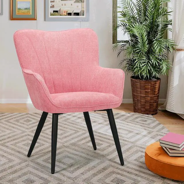 Main image of Accent Chair, Elegant Modern Armchair, Upholstered Vanity Chair with Metal Legs and High Back, Comfy Reading Chair for Living Room Bedroom Office, Soft Pink