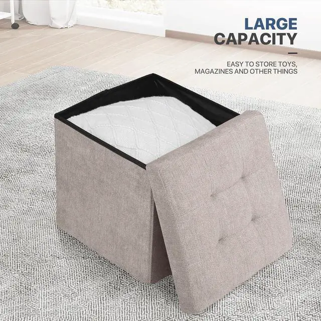 Alt view image 4 of 6 - 15 Inches Storage Ottoman Cube, Folding Square Foot Rest Stool, Small Ottoman Footrest with Storage for Living Room, Bedroom, Entryway, Sandy Beige