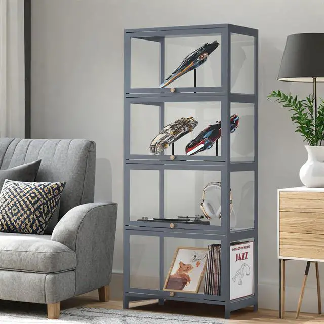 Alt view image 2 of 6 - Curio Display Cabinet, 4 Tier Storage Shelves with Acrylic Glass Door, Free Standing Transparent Bamboo Display Case for Collection