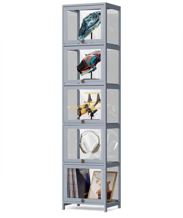Main image of Narrow Display Cabinet for Small Space, 5 Tier Slim Storage Shelves with Acrylic Glass Door, Free Standing Transparent Bamboo Display Case for Collection