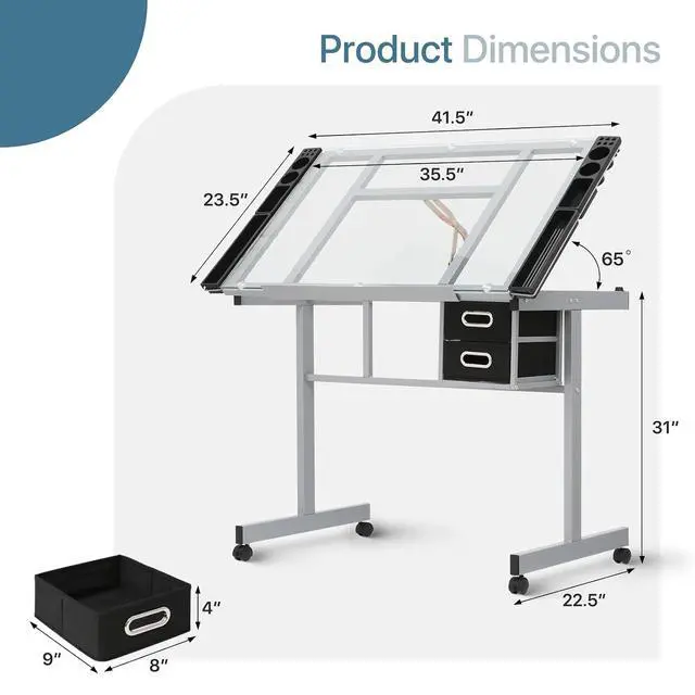 Alt view image 3 of 7 - Adjustable Tabletop Drafting Table, 0°-65° Angle Adjustments, Tempered Glass Top, Ideal for Artists & Designers, Alloy Steel Frame, 2 Drawers, Locking Wheels