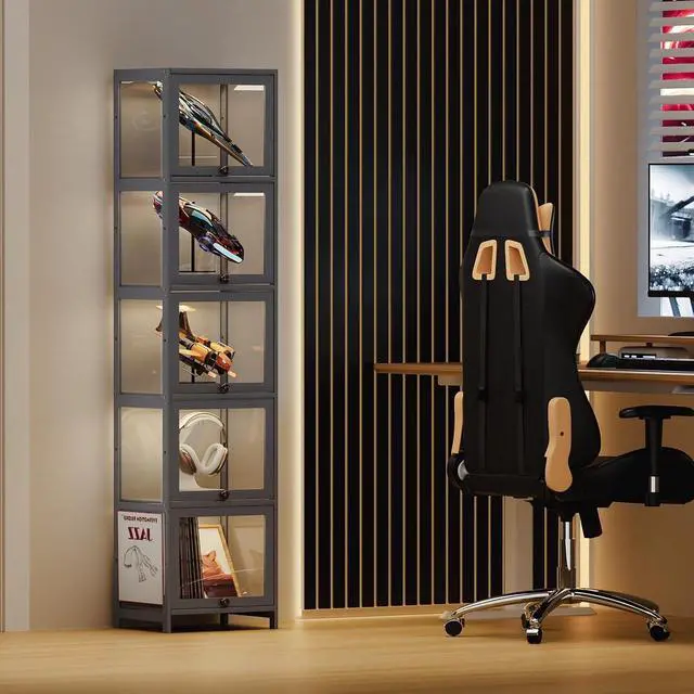Alt view image 2 of 7 - Narrow Display Cabinet for Small Space, 5 Tier Slim Storage Shelves with Acrylic Glass Door, Free Standing Transparent Bamboo Display Case for Collection