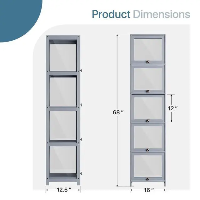 Alt view image 3 of 7 - Narrow Display Cabinet for Small Space, 5 Tier Slim Storage Shelves with Acrylic Glass Door, Free Standing Transparent Bamboo Display Case for Collection